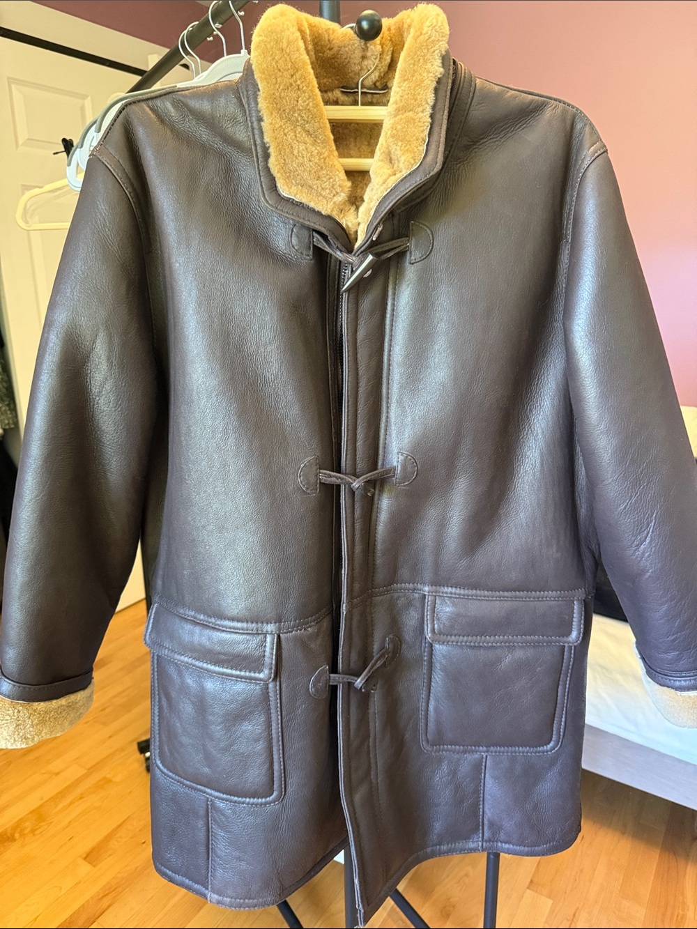 Men's Dark Brown Shearling Toggle Coat